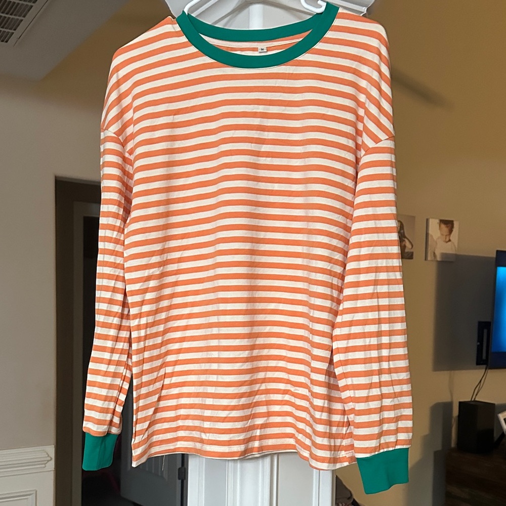 Orange and White Striped Long Sleeve Tee with Green Trim